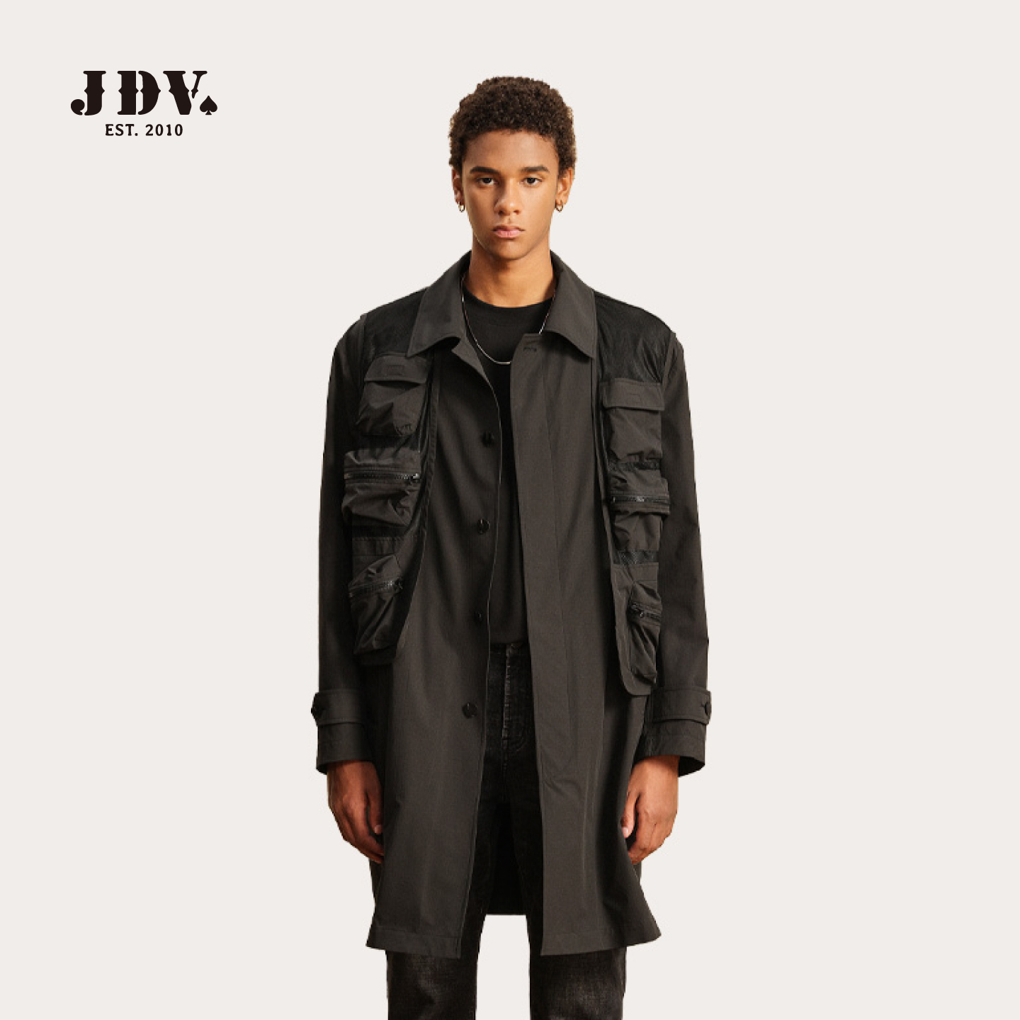 JDV春夏新品商场同款黑色长款单排扣男士风衣廓形外套SCW4062