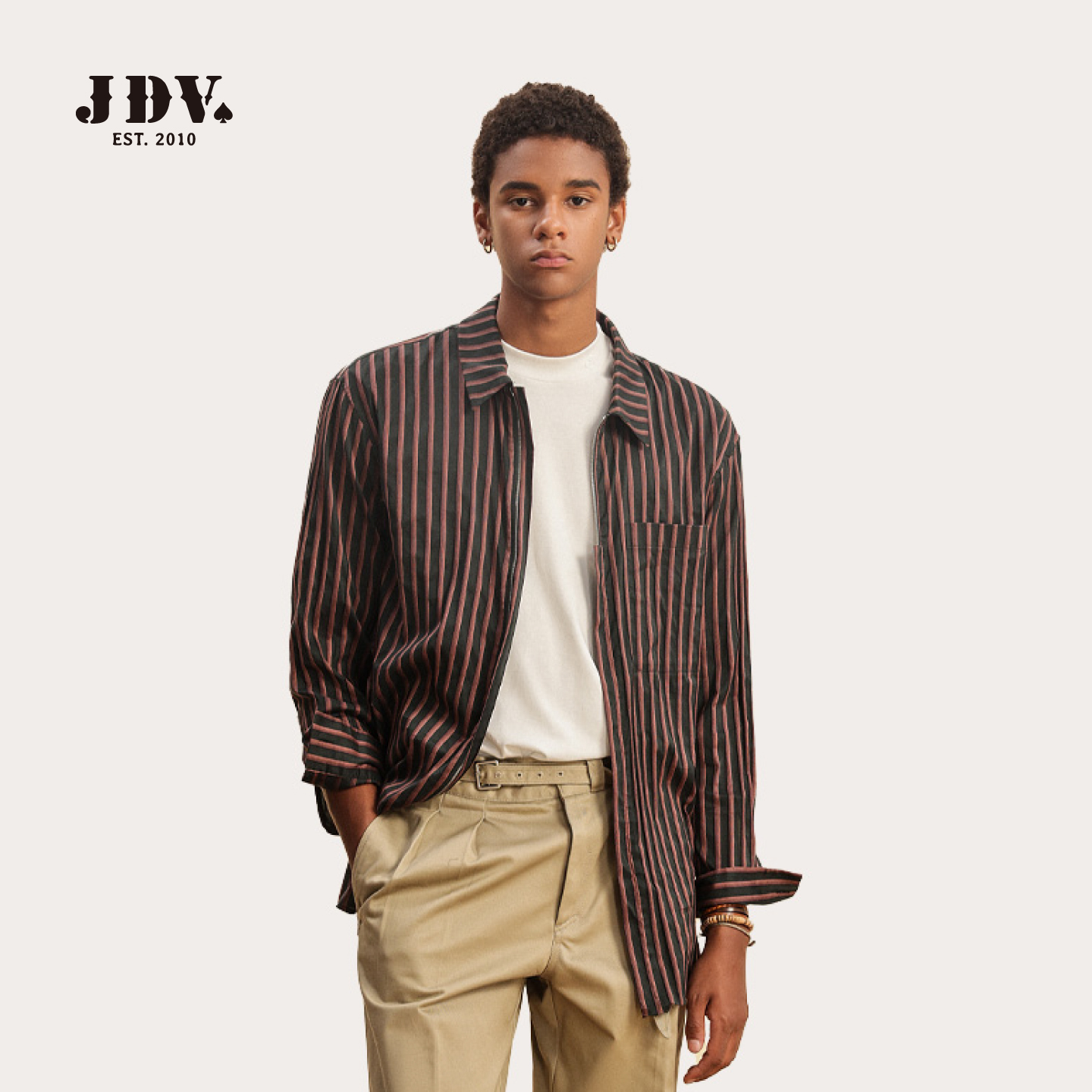 JDV男装2025商场同款春秋新款彩条男士宽松衬衫休闲百搭衬衣上衣