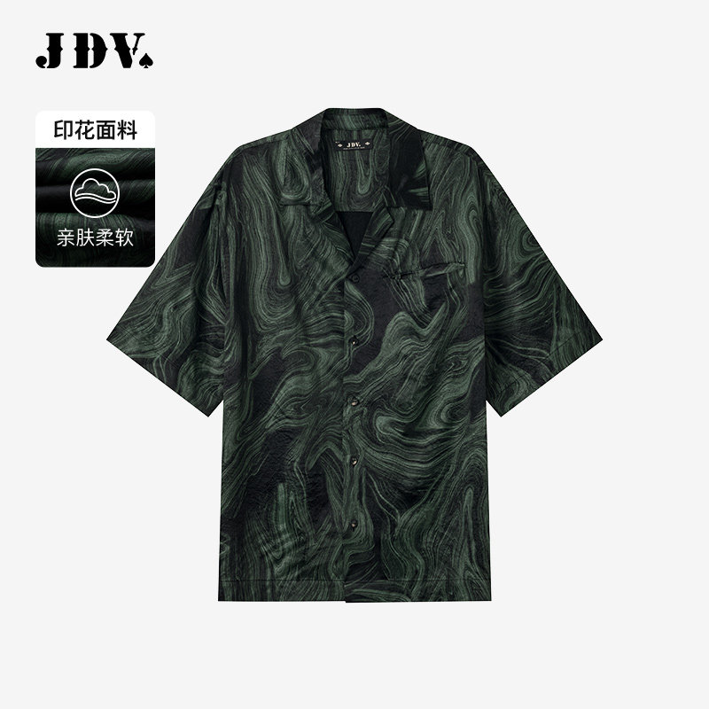 JDV奥莱旗舰店春夏折扣新品绿色印花醋纤休闲古巴领衬衫短袖男款
