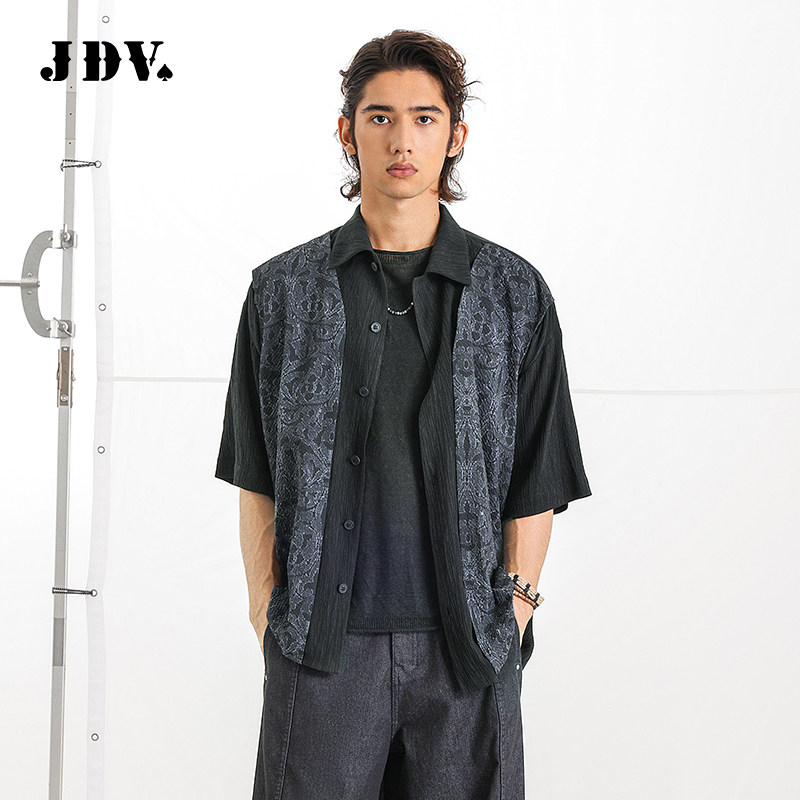 JDV奥莱旗舰店春夏折扣新品男装黑色印花古巴领拼接中袖夹克男款