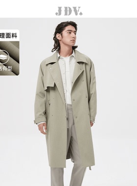 JDV男装春秋新品绿色翻领宽松长款男士风衣休闲外套WCW3352