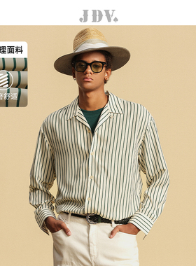 JDV秋季新品商场同款墨绿色条纹男士衬衫古巴领上衣SIC4323
