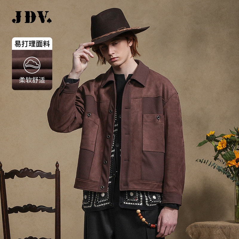 JDV奥莱旗舰店春秋折扣新品暗红色翻领拼接宽松夹克休闲外套男士