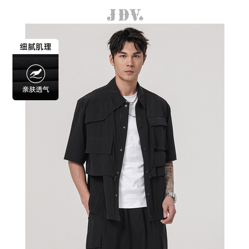 JDV奥莱旗舰店春夏折扣新品男装黑色方领工装中袖夹克男士外套