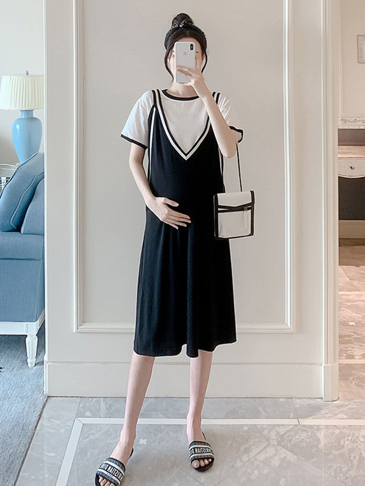 MATERNITY ATHLEISURE DRESS 2021 FASHION SUMMER NEW SHORT SLEEVE STRAP SKIRT TWO-PIECE SKIRT TIDE