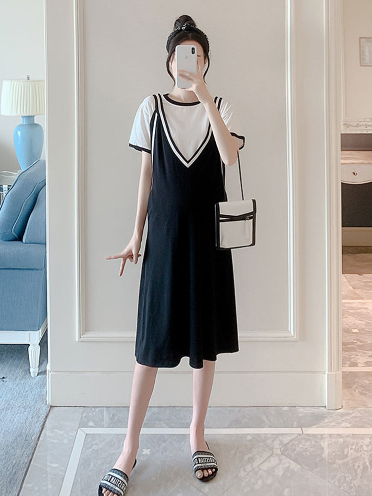 MATERNITY ATHLEISURE DRESS 2021 FASHION SUMMER NEW SHORT SLEEVE STRAP SKIRT TWO-PIECE SKIRT TIDE