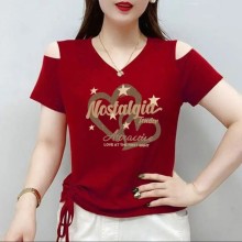 侧抽绳显瘦洋气夏女士v领露肩短袖t恤遮肚子显瘦2025纯棉体恤上衣