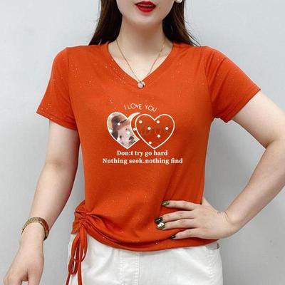 女士夏装大码V领短袖t恤2025新款洋气亮丝鸡心领体恤衫上衣广场舞