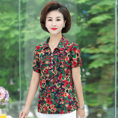 ZZ16妈妈装夏装短袖T恤女2020中老年人女装新款翻领衬衫大码宽松
