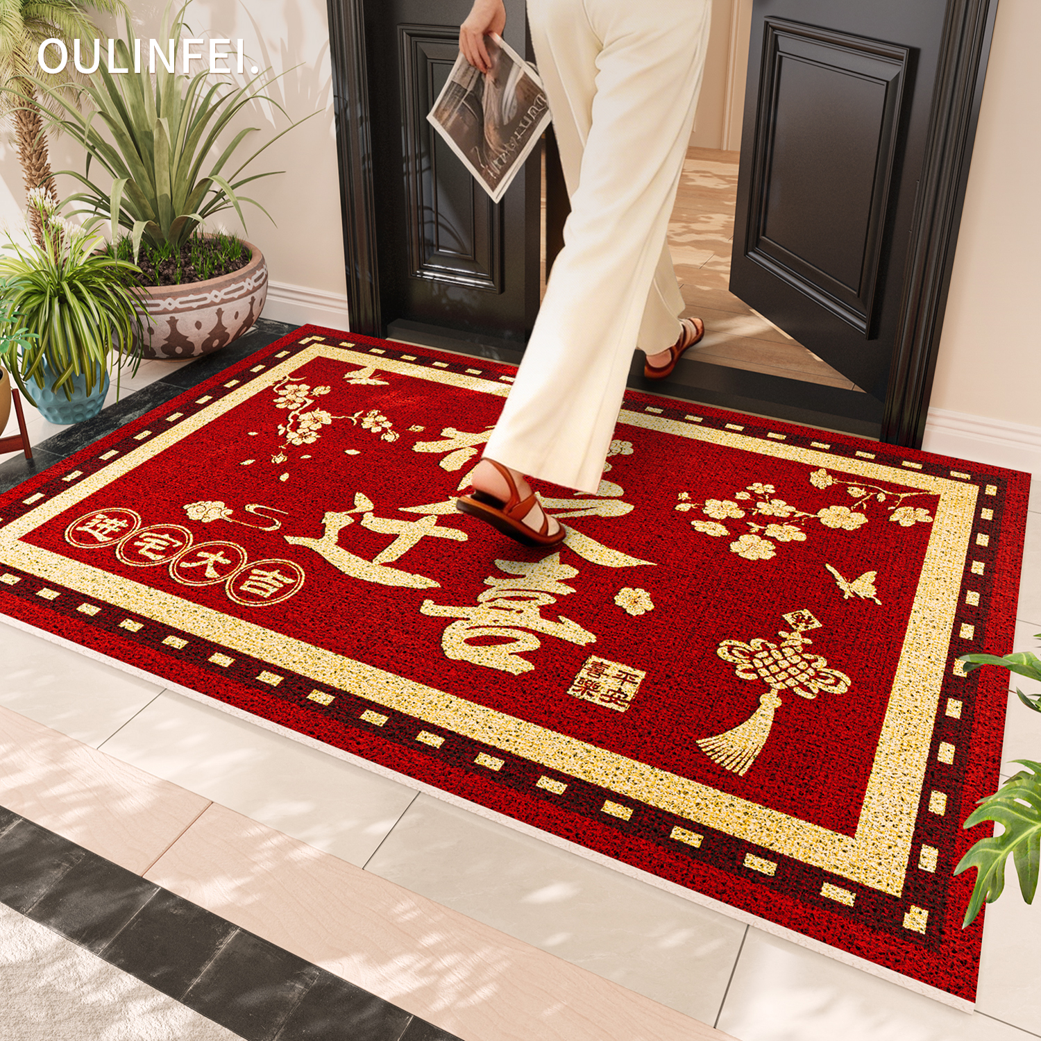 红色丝圈入户门地垫防滑玄关门垫