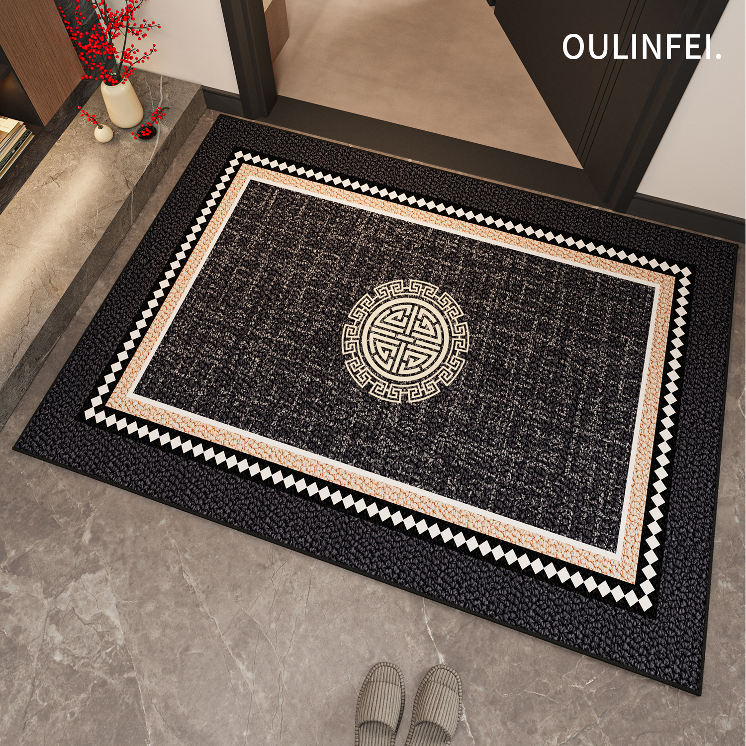 黑色新中式免打理防滑入户门脚垫