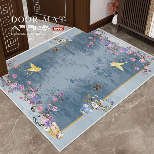 新中式入户门地垫蓝色门垫进门口蹭脚垫子家用耐脏玄关地毯可定制