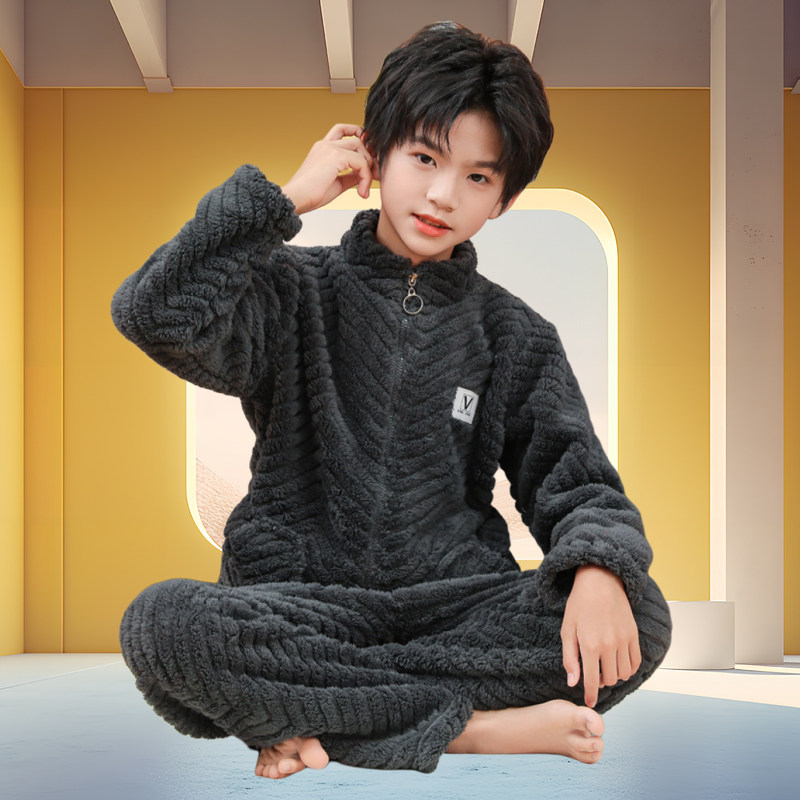 冬季款儿童拉链睡衣法兰绒加厚珊瑚绒翻领家居服男童居家保暖套装