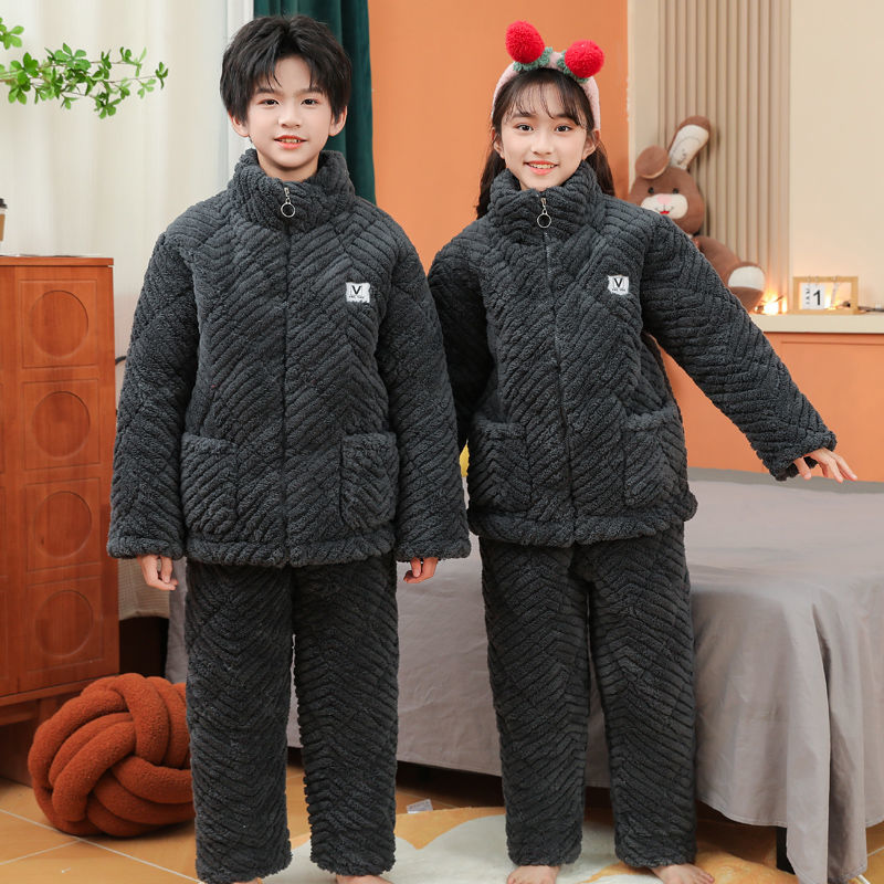 男童三层夹棉睡衣冬季中大童加绒加厚儿童可外穿青少年家居服套装