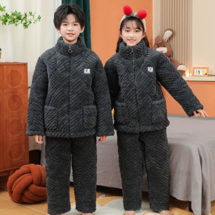 男童三层夹棉睡衣冬季中大童加绒加厚儿童可外穿青少年家居服套装