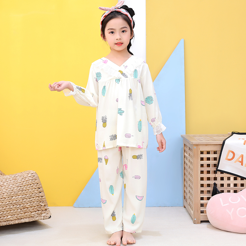 女童睡衣套装春秋夏季蕾丝绵绸