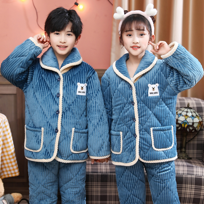 儿童睡衣冬季三层夹棉男棉服女孩