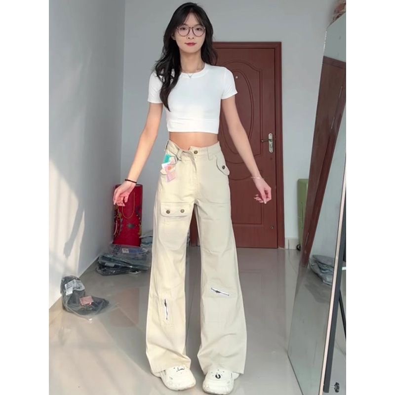 现货  小个子美式工装微喇牛仔裤女夏季高腰显瘦设计感喇叭裤子