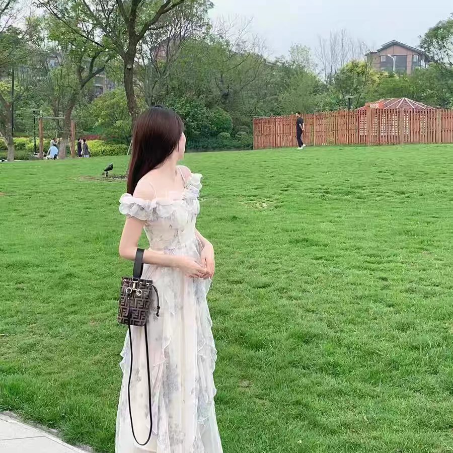 海边度假风吊带裙纱法式荷叶边沙滩连衣裙氛围感长裙飘逸仙女范