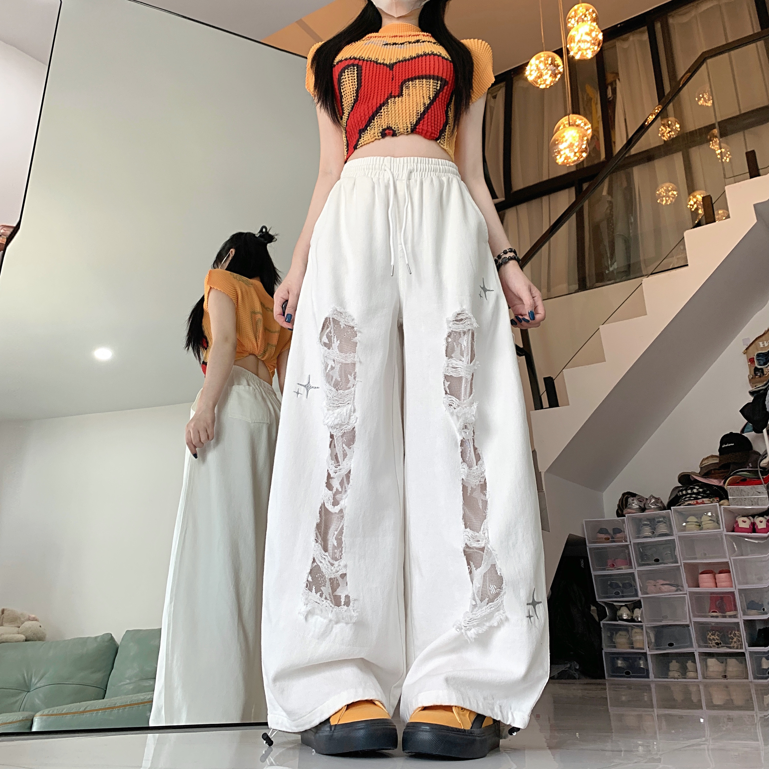实拍美式街头设计感破洞蕾丝拼接弯刀牛仔裤女跳舞爵士休闲工装裤