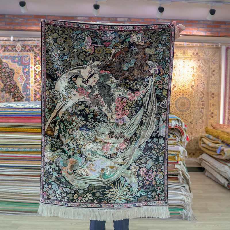 丝绸地毯60x90cm高密度月光下女神图案手工真丝地毯卧室挂毯