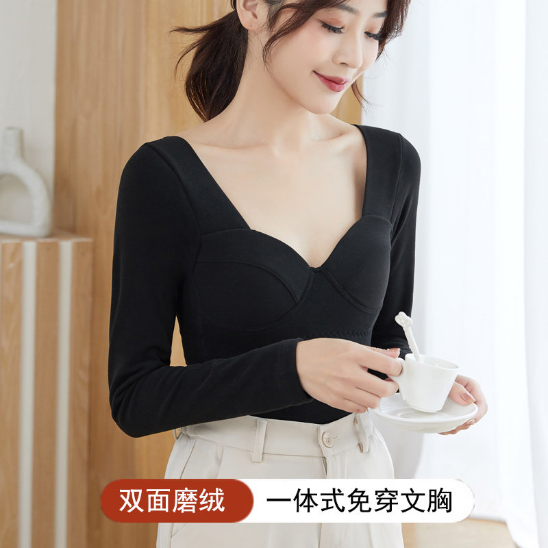 大领带胸垫双面德绒保暖内衣女超低领加绒L加厚低胸打底衫冬季秋