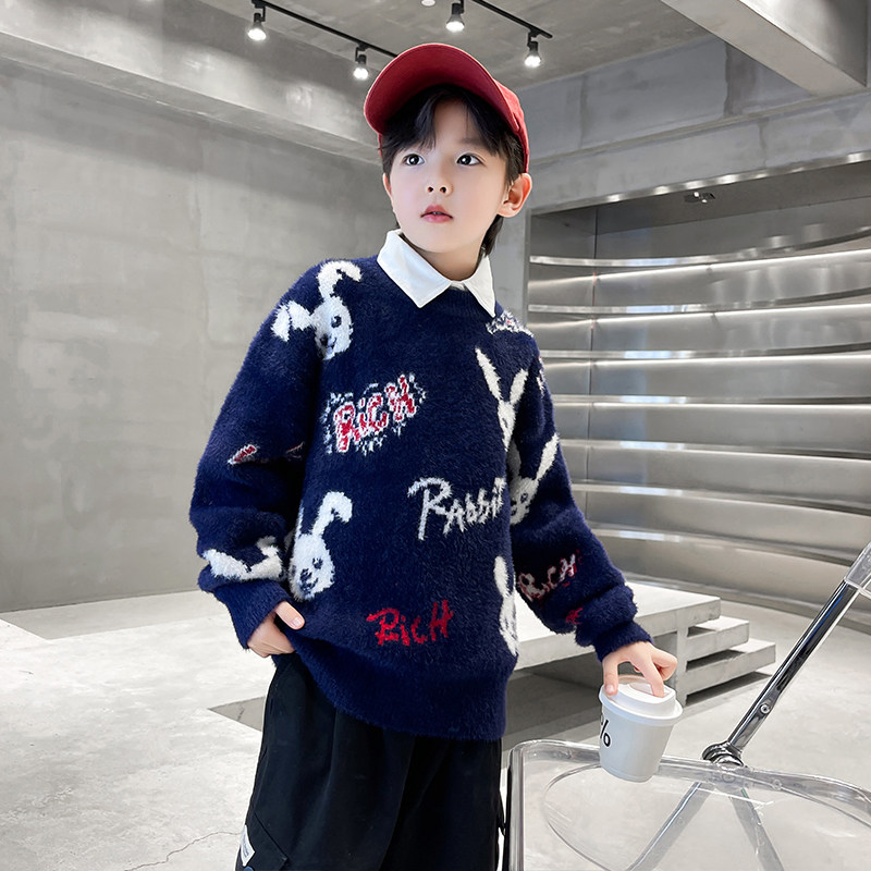 秋冬水貂绒男童毛衣加厚保暖儿童套头打底针织衫女童圆领中大童