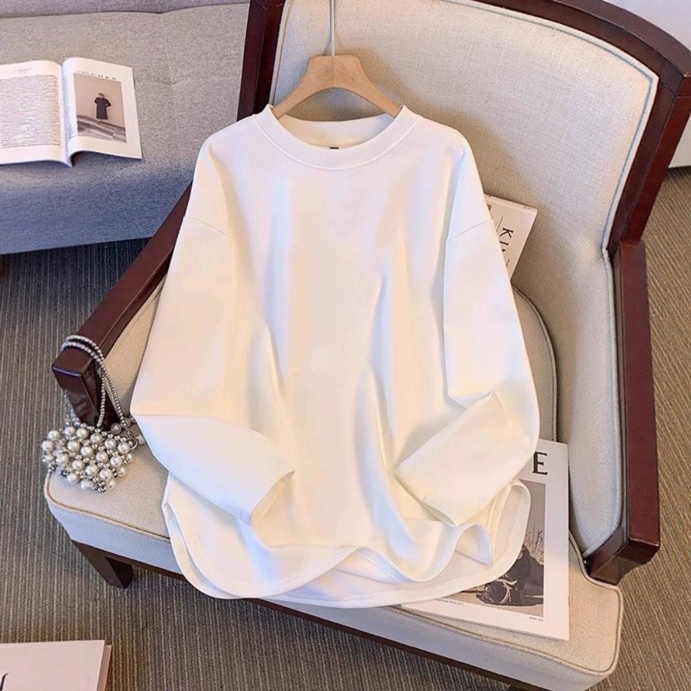 韩版宽松白色加绒开叉长袖T恤女春秋冬季新款休闲风中长款上衣潮,女装/女士精品,T恤,淘宝优惠券,粉丝福利购,淘宝优惠卷