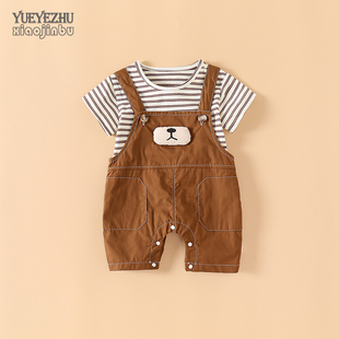 小熊背带裤 套装 婴儿夏季 两件套外出穿 男宝宝夏装 韩版 洋气条纹短袖