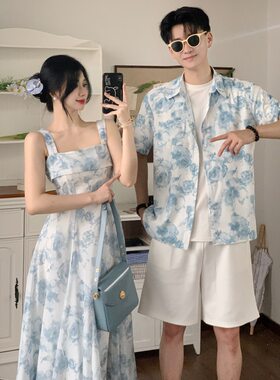 2024夏季情侣装女玫瑰沙滩裙修身气质连衣裙男花衬衫