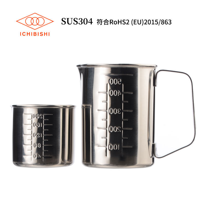亚速旺不锈钢量杯烧杯100/200/500ml带把手刻度1L2L3L5L日本进口