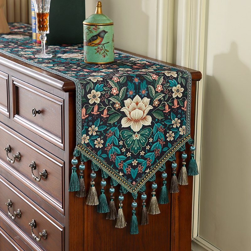 欧式复古茶几斗柜桌旗美式轻奢高档桌旗盖布餐桌布长条装饰电视柜