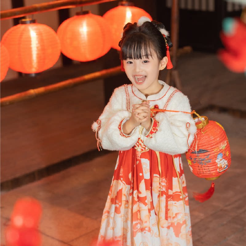 【西子问】汉服女童冬季国风拜年服唐装新款红色加厚裙子套装熹绵