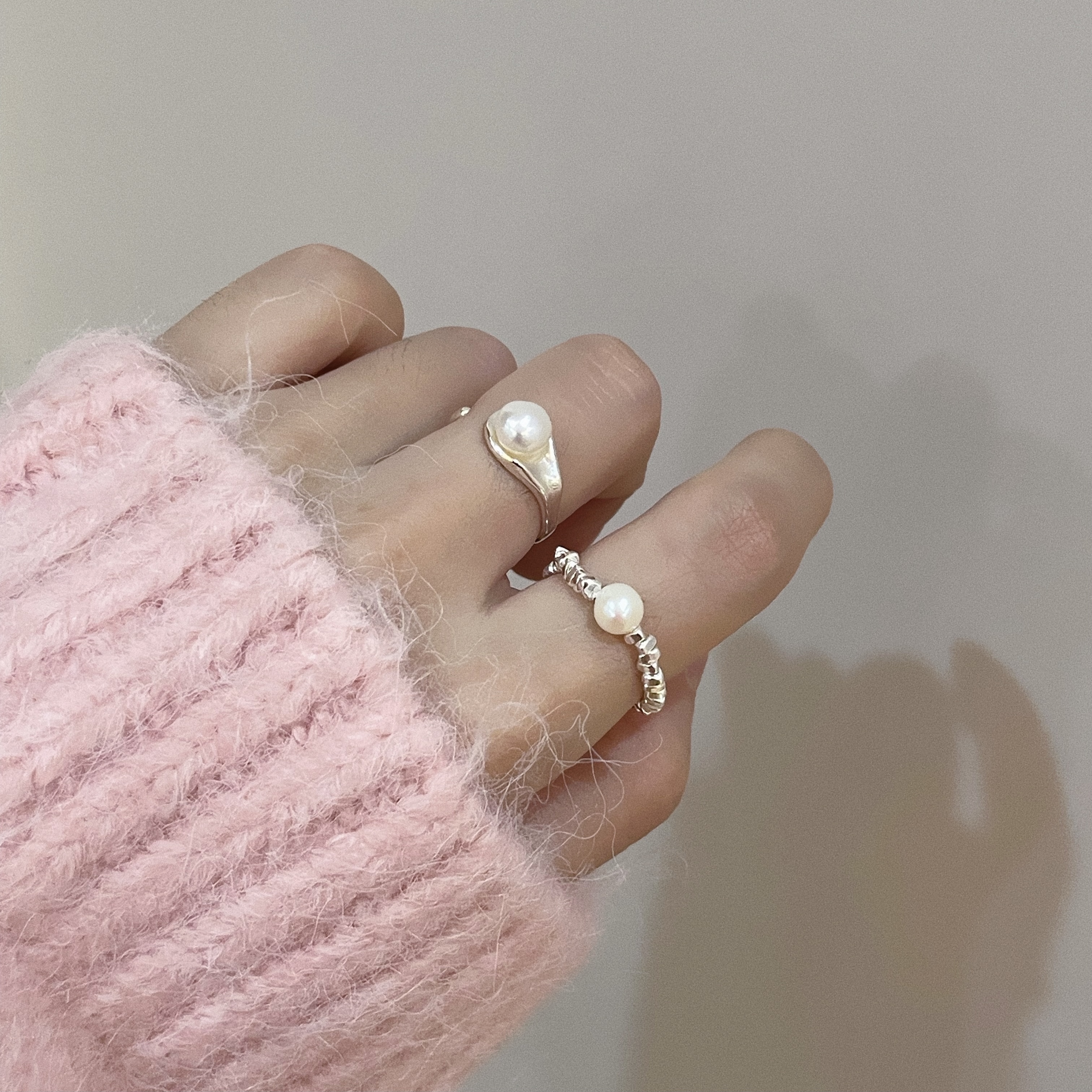 ins博主同款简约小众碎银子戒指女淡水珍珠食指弹力绳可调节指环