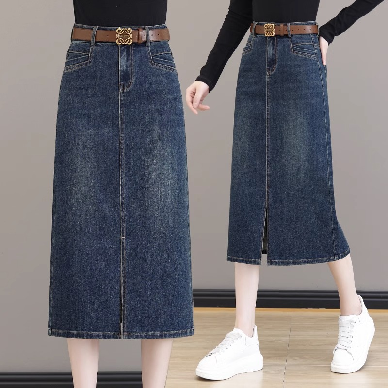 复古蓝牛仔半身裙女春秋2025新款高腰显瘦a字中长裙开叉包臀裙子