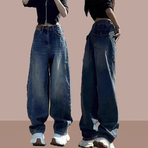 复古弯刀阔腿牛仔裤女秋季款梨形身材大码高腰显瘦宽松遮肉直筒裤