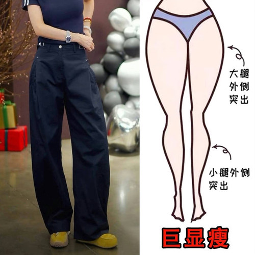 秋季款藏蓝色美式休闲工装裤女大码胖MM200斤高腰显瘦阔腿弯刀裤