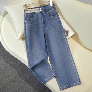 松紧腰九分牛仔裤女春秋2025年新款夏季小个子窄版直筒八分阔腿裤