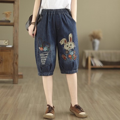 卡通贴布刺绣牛仔短裤女夏