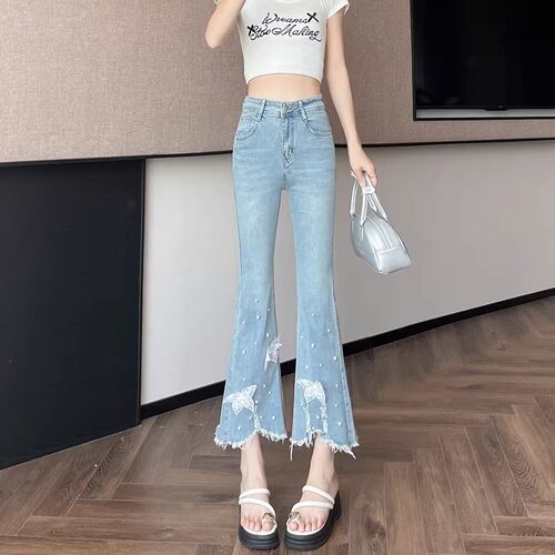 小个子喇叭裤面膜裤蝴蝶钉珠微喇