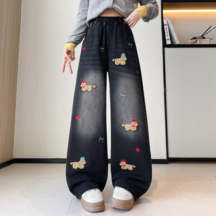 高腰显瘦卡通刺绣阔腿裤 松紧腰牛仔裤 胖mm宽松直筒裤 大码 子 女新款