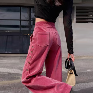 韩版 女2025年冬新款 加厚复古简约侧扣长裤 高腰显瘦灯芯绒阔腿裤