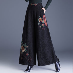 民族风刺绣提花阔腿裤女士秋冬新款高腰宽松休闲裤国风气质长裤子