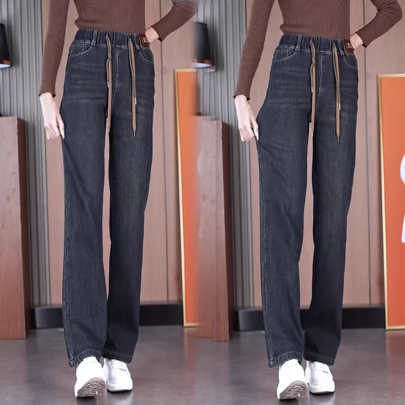 复古松紧高腰阔腿牛仔裤女2025年新款春秋窄版弹力爆款直筒小个子
