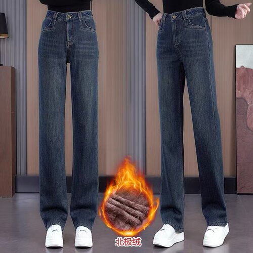 广州新塘窄版直筒牛仔裤女2025年春秋加绒新款爆款大码高腰阔腿裤