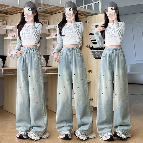 2026夏新款星星绣花牛仔裤女大码胖mm宽松紧高腰直筒显瘦阔腿裤子
