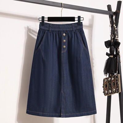 春季加大码开叉五分牛仔半身裙女中裙胖mm松紧腰遮肉休闲A字裙子