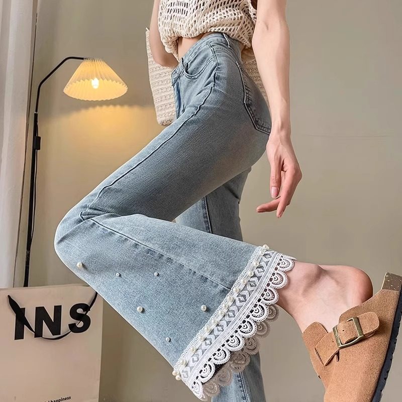 蕾丝花边拼接微喇叭牛仔裤女2025春装小个子设计感浅蓝阔腿马蹄裤,女装/女士精品,牛仔裤,淘宝优惠券,粉丝福利购,淘宝优惠卷