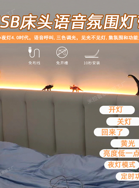 USB声控小夜灯床头灯卧室氛围灯带智能语音婴儿起夜专用自粘灯条