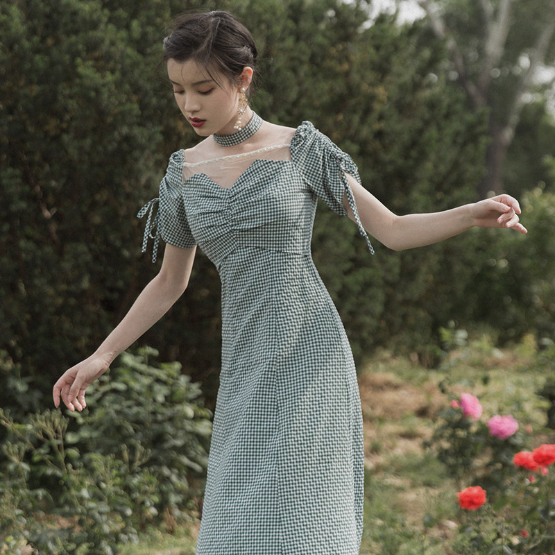 歌其妮2020夏复古桔梗裙小清新少女格子连衣裙收腰显瘦气质中长款